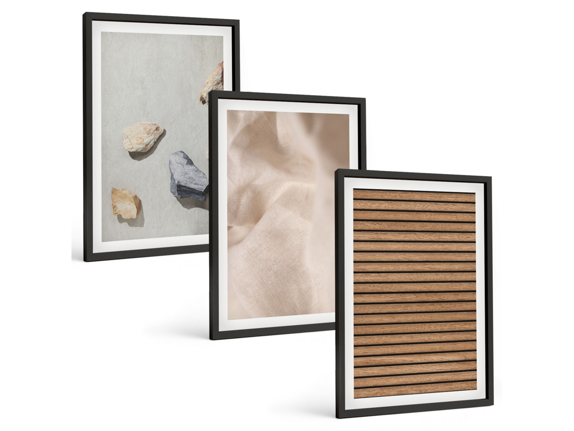 Composição De Quadros Pedras, Madeira, Tecido, Texturas Moldura Preta Pinturas De Quarto Espelharte (3 Piezas De 40x60 Cm)