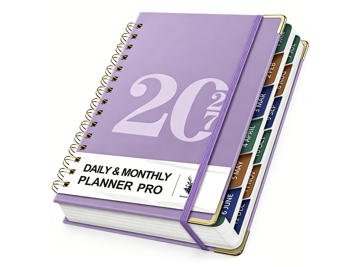 2027 A5 Leather Daily Planner, Coil Bound, English Interior, 160-sheets, Purple