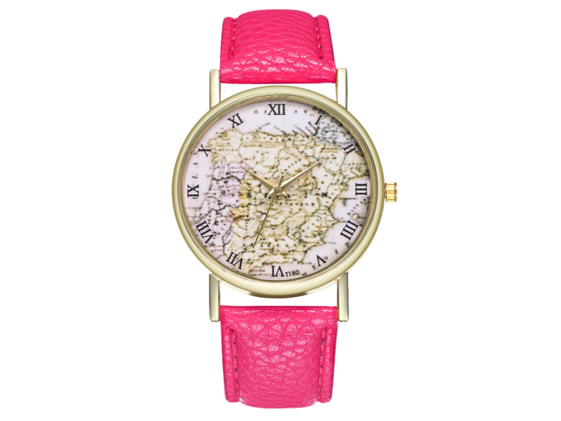 Reloj De Cuero Pu Unisex Con Patrón De Mapa Reloj De Cuarzo Rojo Rosa Zhoulianfa