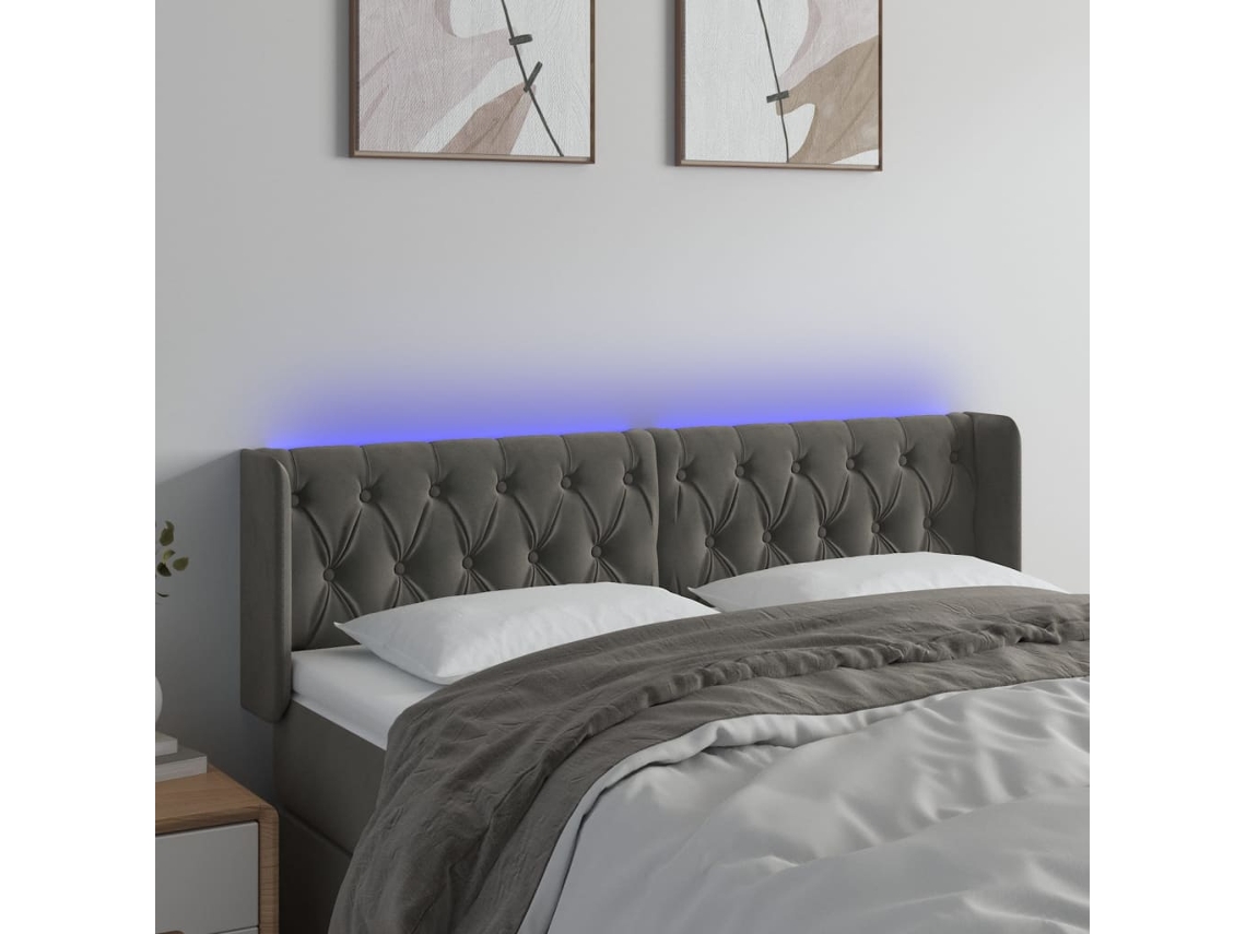Vidaxl Cabeceira Cama C/ Luzes Led Veludo 147x16x78/88cm Cinza-escuro