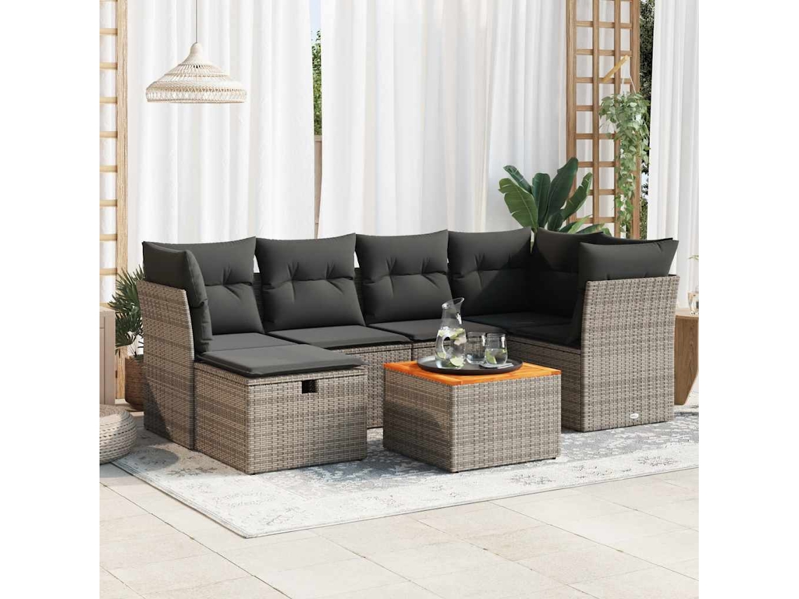 Vidaxl 7 Pcs Conjunto Sofás P/ Jardim C/ Almofadões Vime Pe Cinzento