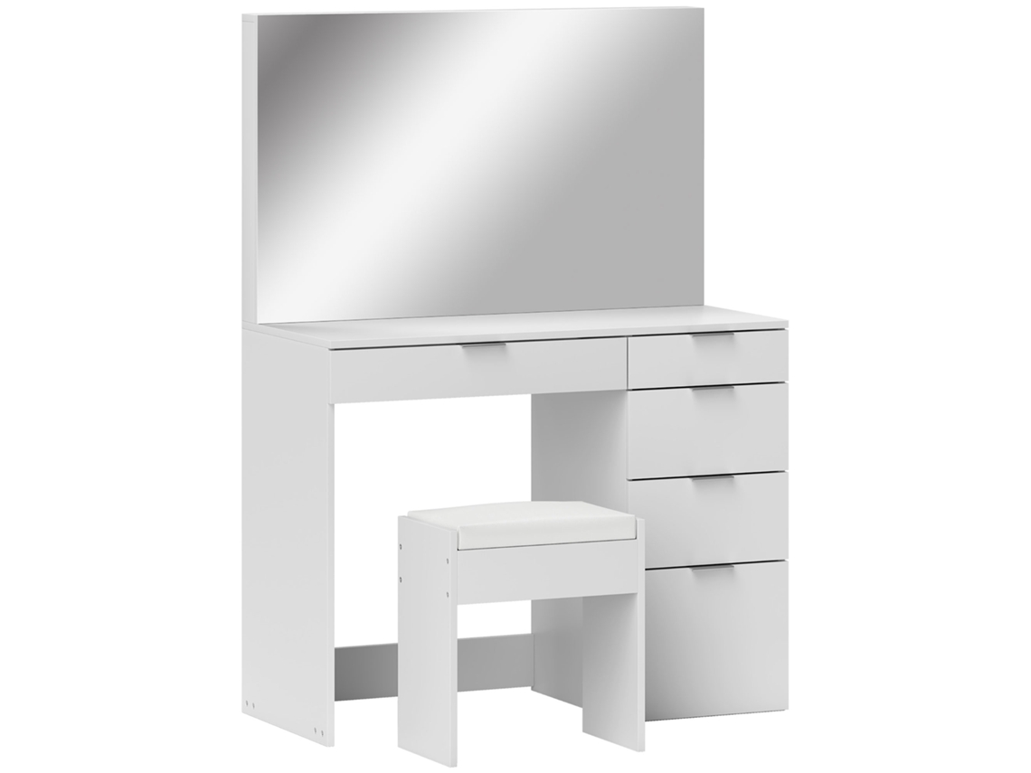 Conjunto de Mesa de Maquiagem com Espelho e 5 Gavetas 97,2x44,5x136,5 Cm e Banquinho Estofado 40x24x46 Cm. Branco Ge