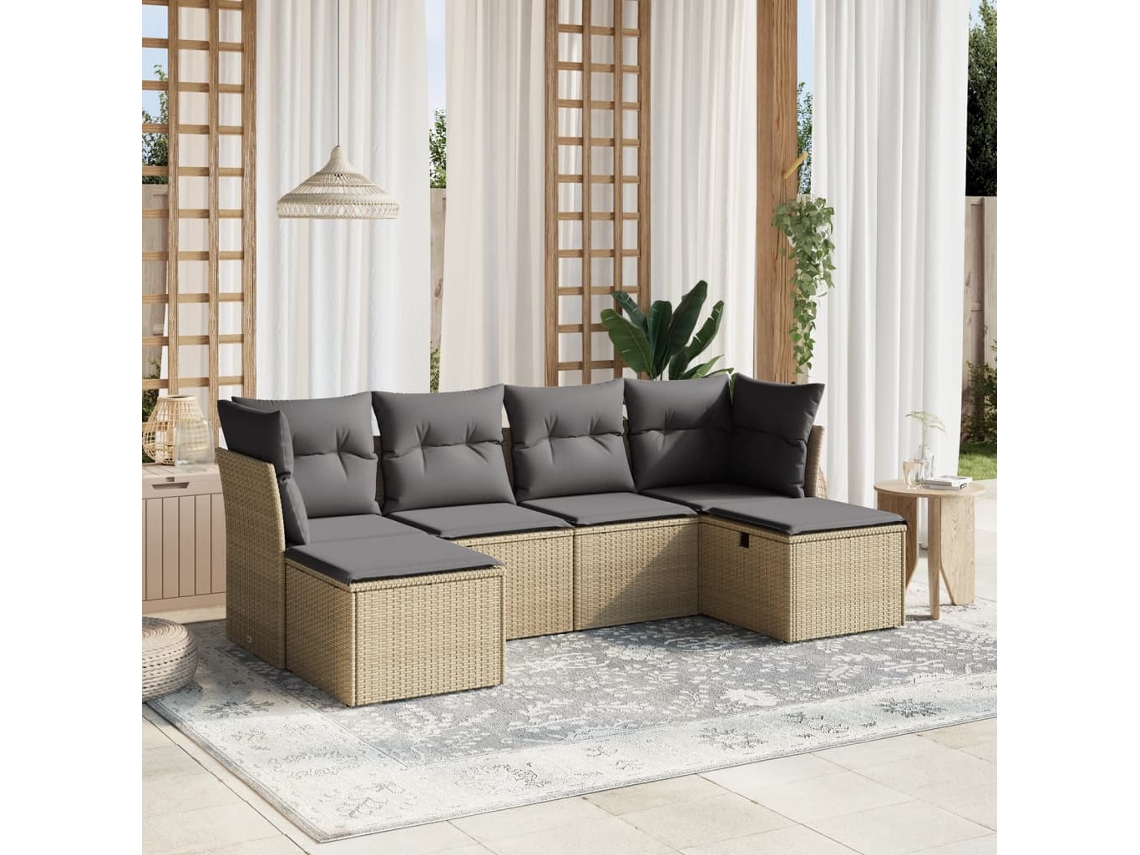 Vidaxl 6 Pcs Conj. Sofás Jardim C/ Almofadões Vime Pe Bege Misturado