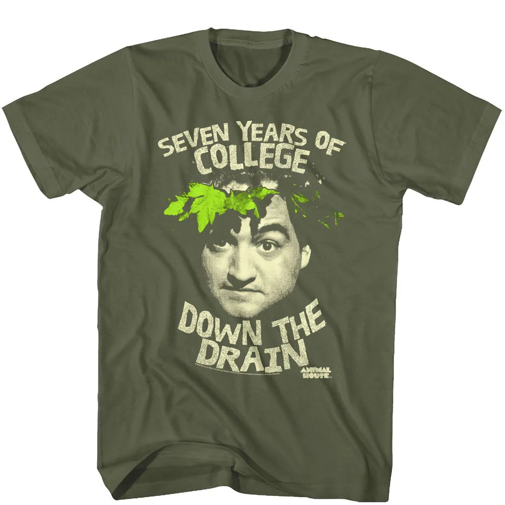 Unisex Adult T-shirt Rockinstone Animal House Movie Down The Drain Solid Military Green Sizexxl