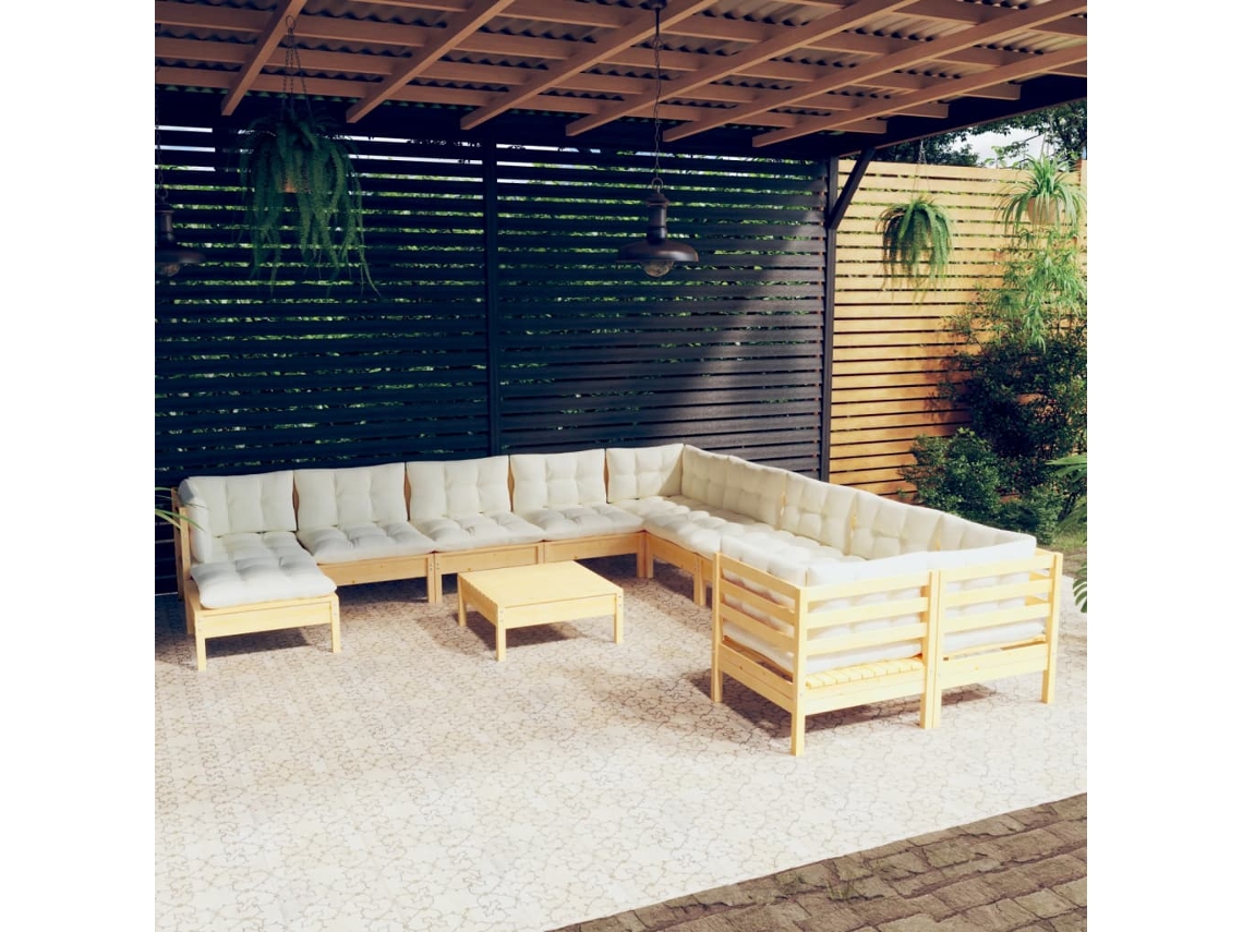 Vidaxl 12 Pcs Conjunto Lounge De Jardim C/ Almofadões Cor Creme Pinho