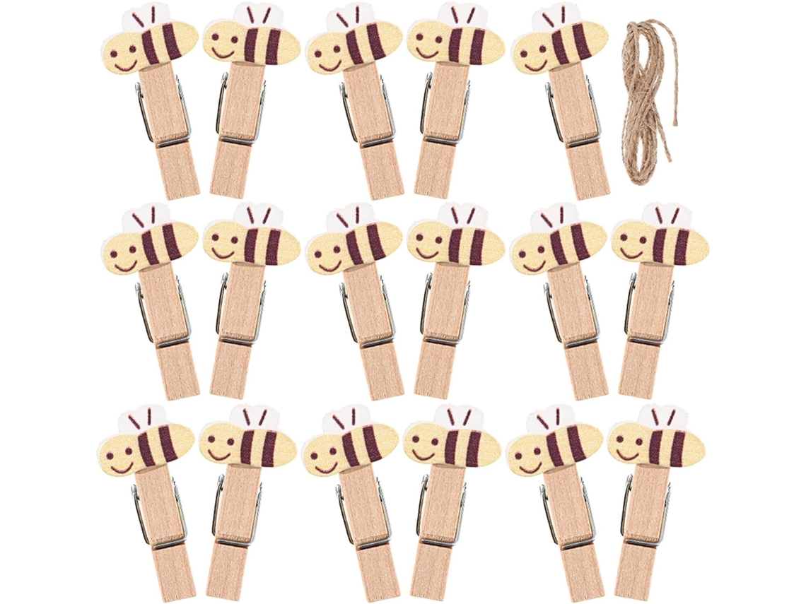 Conjunto 100 Prendedores Roupa Decorativos Madeira Natural Design Abelha 4 Cordão Ideais Scrapbooking GOKOCO