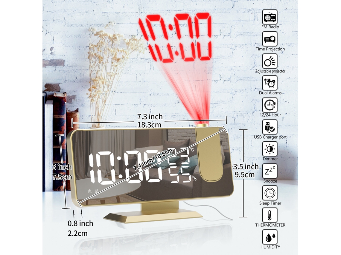 Agsivo Despertador Digital Projeção Led 7.4'' Rádio Fm Projetor Giratório Superfície Espelhada Temperatura Umidade Soneca Carregador Usb MDUG