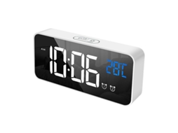 Relógio digital LED Baok com despertador silencioso na superfície espelhada para decoração de mesa branca.