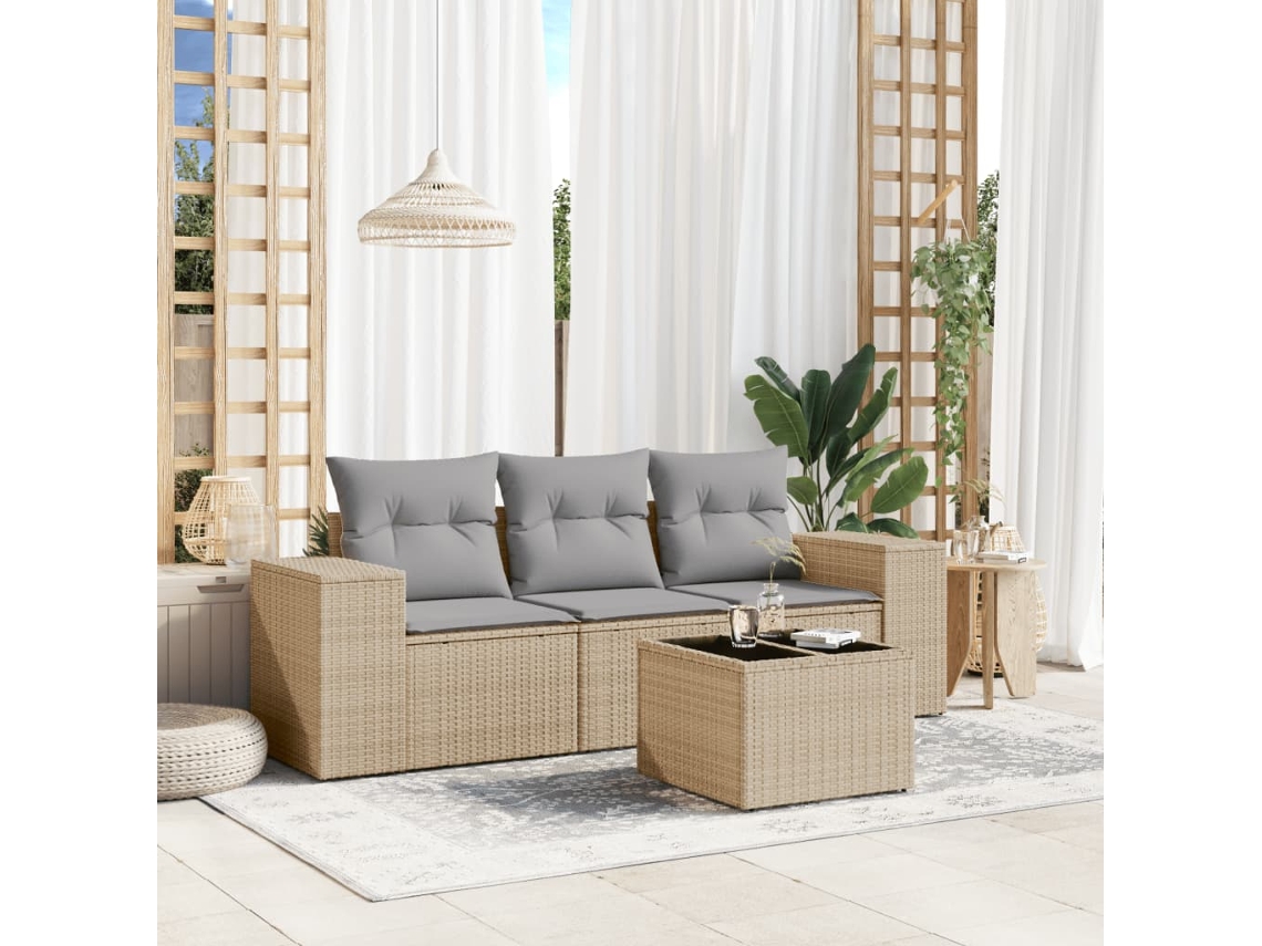 Vidaxl 4 Pcs Conjunto de Sofás para Jardim C/ Almofadões Vime Pe Bege