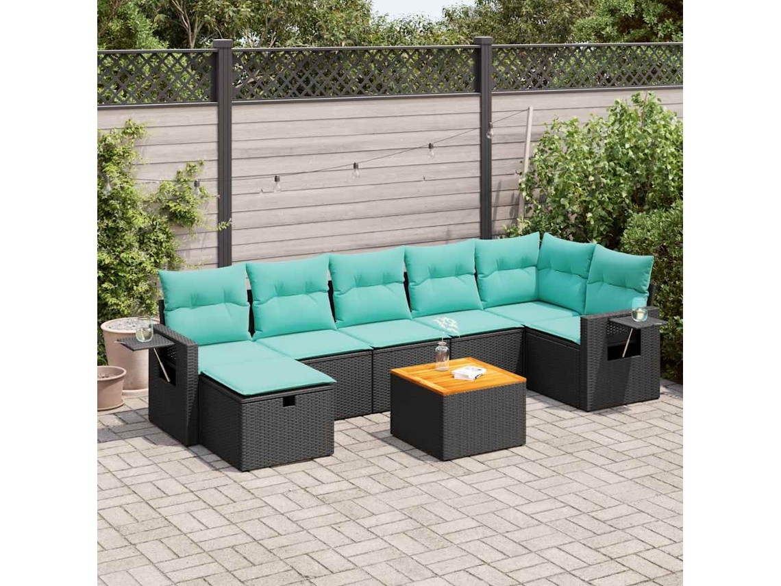 Vidaxl 8 Pcs Conjunto Sofás De Jardim Com Almofadões Vime Pe Preto