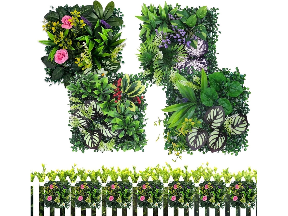 Painéis de Parede com Plantas Artificiais, Cerca Artificial para Privacidade, Decoração de Fundo, 24 X 24 Cm, Painéis CHABERLU