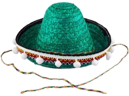 Palha Chapéu Artesanal Mexicana, Estilo Havaiano Com Pompons Brancos, Verde, Tamanho Único.