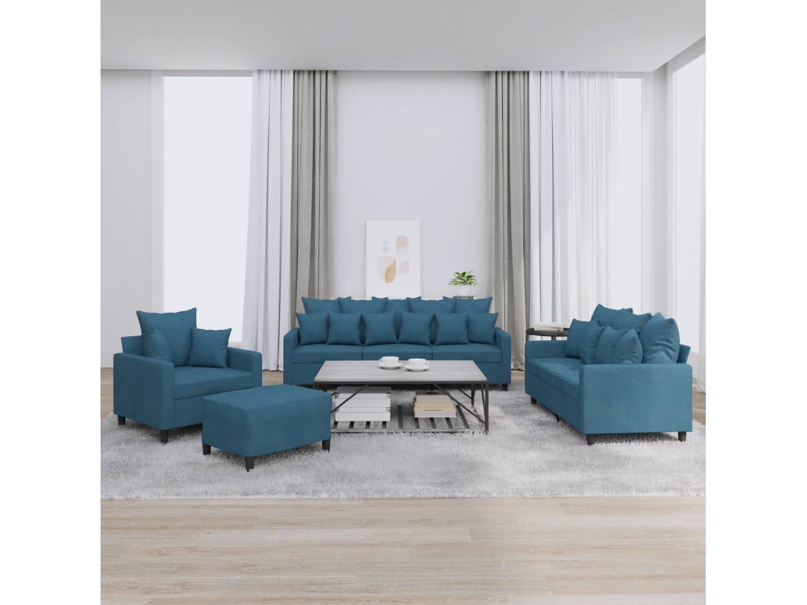 Vidaxl 4 Pcs Conjunto De Sofás Com Almofadões Veludo Azul