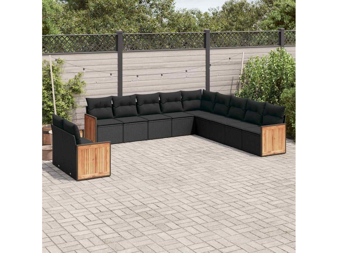Vidaxl 11 Pcs Conjunto Sofás De Jardim C/ Almofadões Vime Pe Preto