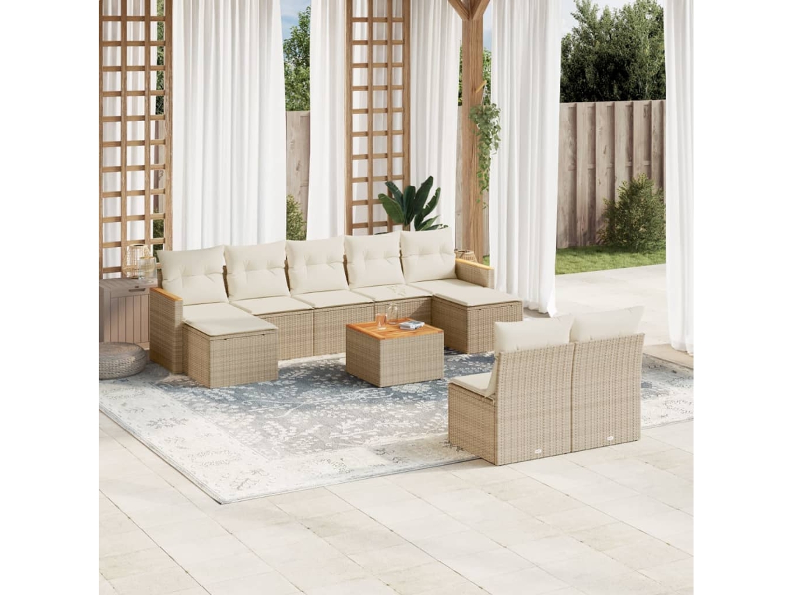 Vidaxl 10 Pcs Conjunto De Sofás P/ Jardim Com Almofadões Vime Pe Bege