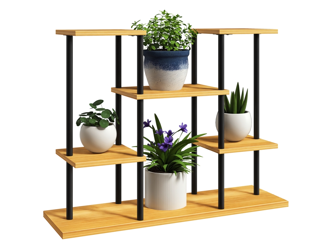 Suporte para plantas 6 prateleiras com estrutura de aço e base de madeira 80x24x61,5cm cor natural BTFORUS