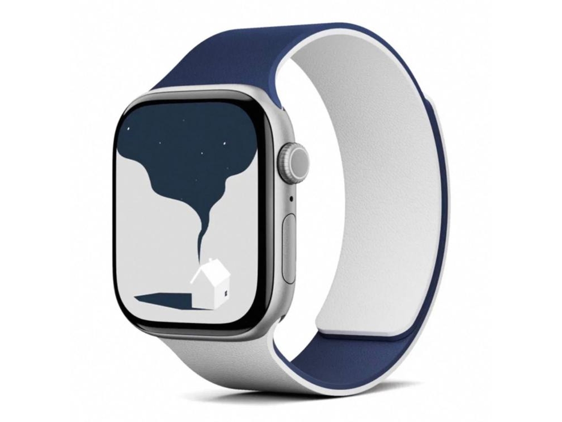 Bracelete Para Apple Watch 46/49/45/44mm - Silicone Magnético Bicolor Com Textura Lichia Azul Marinho E Branco