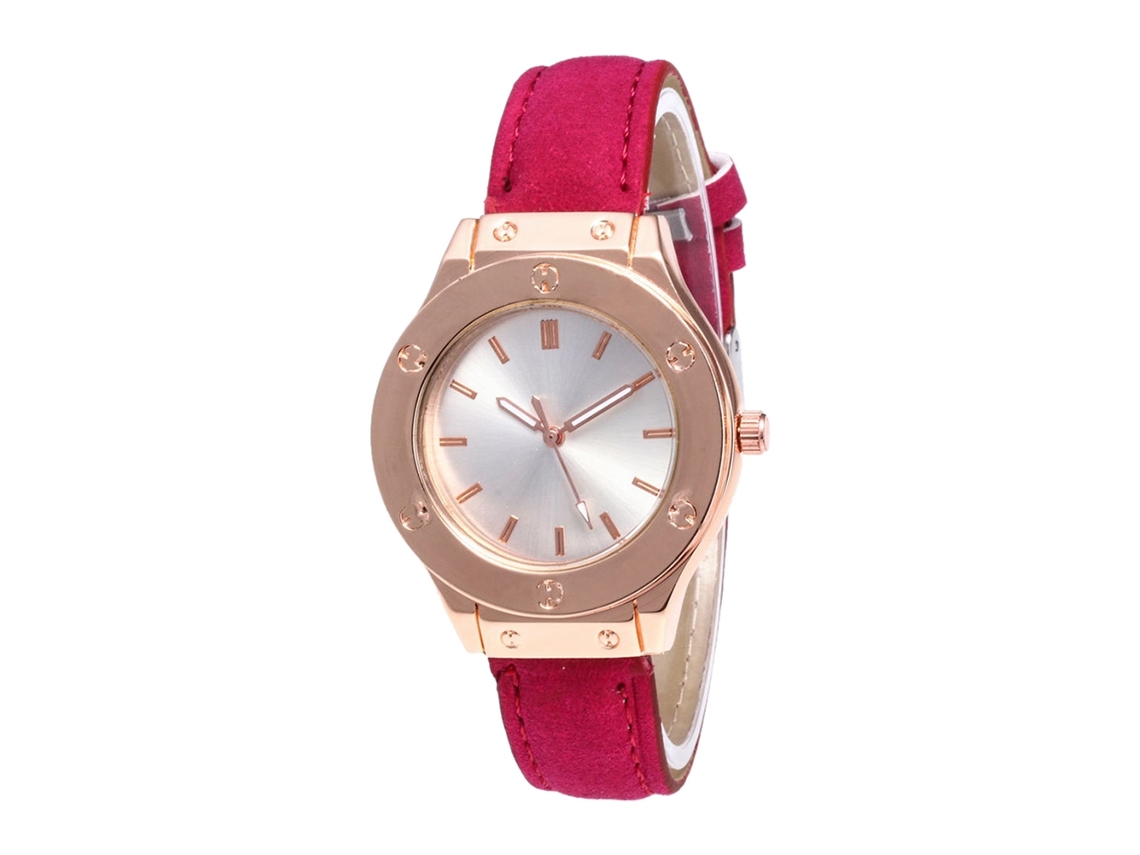 Relógio de pulso unissex de quartzo com pulseira moderna em couro PU (vermelho e rosa)