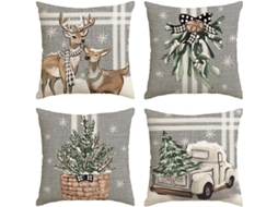 Capas De Travesseiro Cinza Com Rena Camião Natal Listras, 18x18 Polegadas, 4 Unidades Para Sofá Inverno