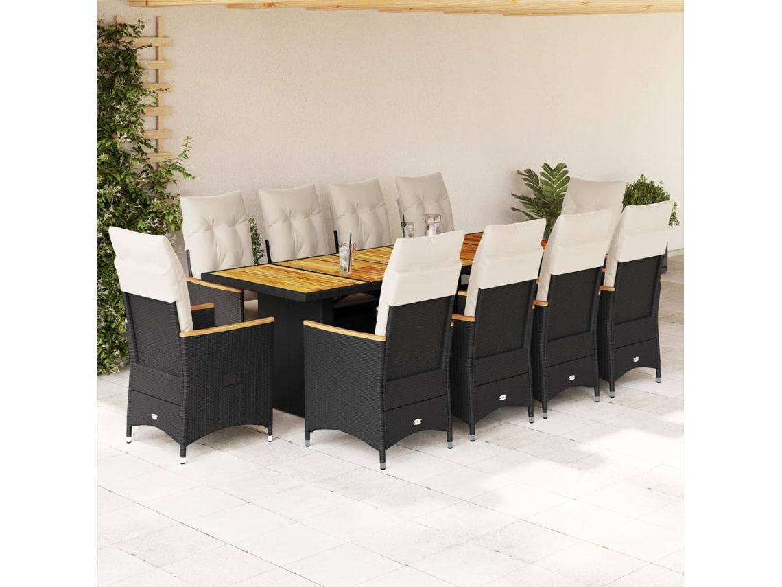 11 Pcs Conjunto De Bistrô P/ Jardim C/ Almofadões Vime Pe Preto Dkd Home Decor