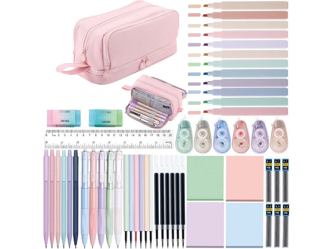 Conjunto de artigos de papelaria Eifson com 55 peças e 12 marcadores - Rosa