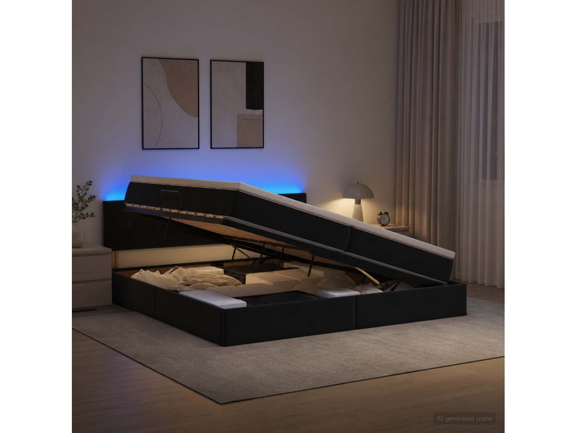 Vidaxl Cama De Armazenamento Led Com Colchão Preto 200 X 200 Cm Veludo