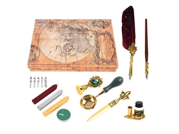 Set de Caneta Estilo Europeu Retro Britânico para Estudantes Caneta de Imersão Vermelho Vinho com Selos Pintados
