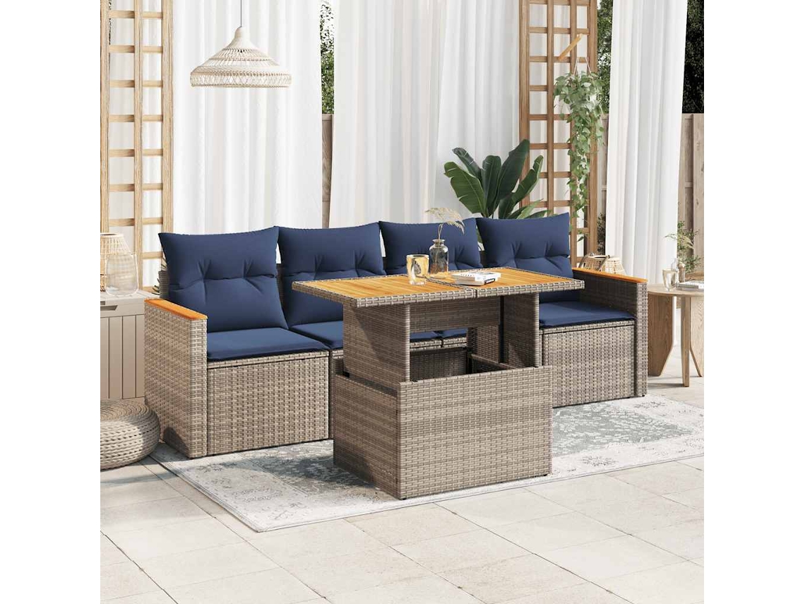 Vidaxl 5 Pcs Conjunto Sofás De Jardim C/ Almofadões Vime Pe Cinzento