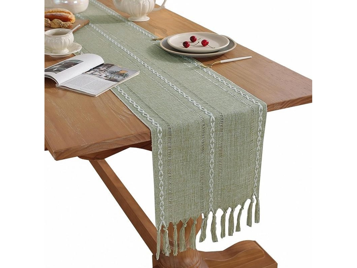 Rebe-funda Para Mesa De Cor Verde Sage Com Listras E Franje Tecida (33*240 Cm)