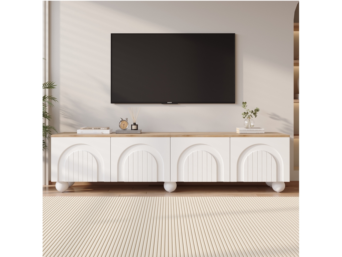 Móvel para TV KOMHTOM, 4 portas, 180x40x45 cm, 6 pés metálicos esféricos, para TV 80 polegadas, branco e madeira