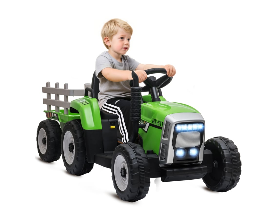 Trator Elétrico Infantil Reboque Controle Remoto Luz Música Verde