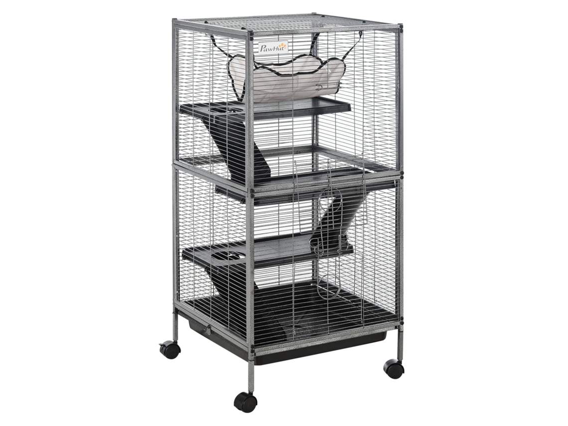 Gaiola Portátil para Pequenos Animais 4 Andares Rodas+2 Portas+3 Rampas, Rede+bandeja Removível 52x52x113,5cm, Cinza Ge
