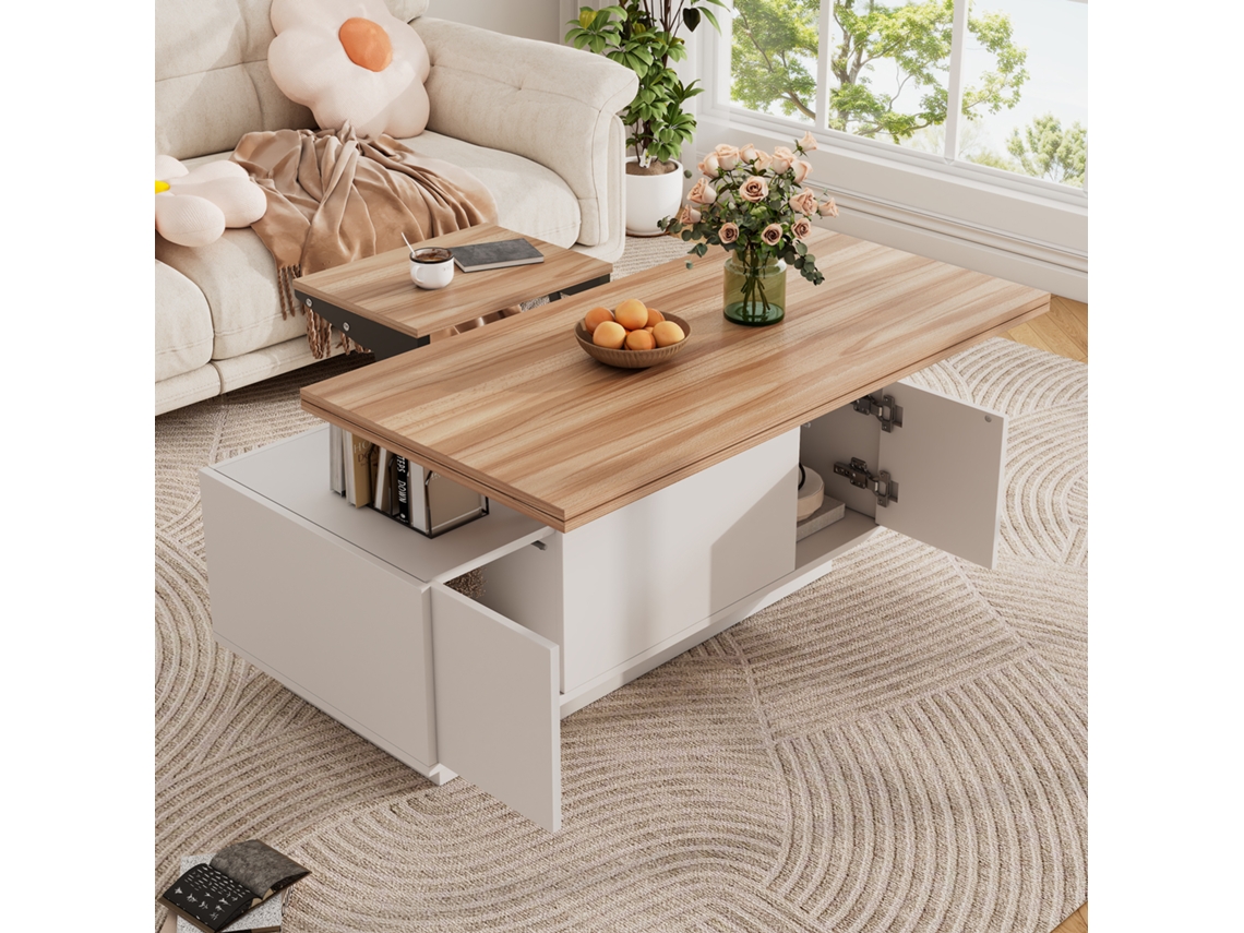 Mesa De Centro Moderna Com Mecanismo Duplo De Elevação E Compartimento Oculto, Suporta Até 50 Kg.