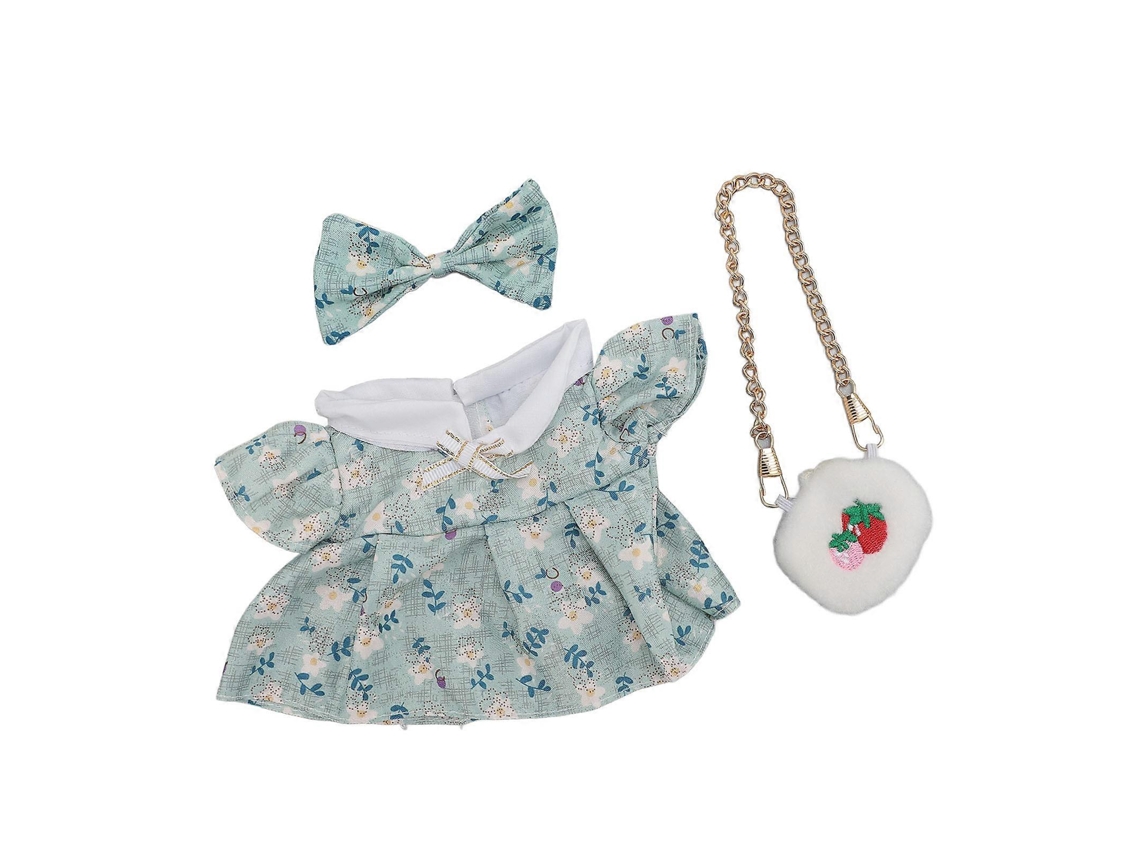 Roupa Para Boneca De Pelúcia 20cm Conjunto De Algodão Com Laço E Bolsa De Morango