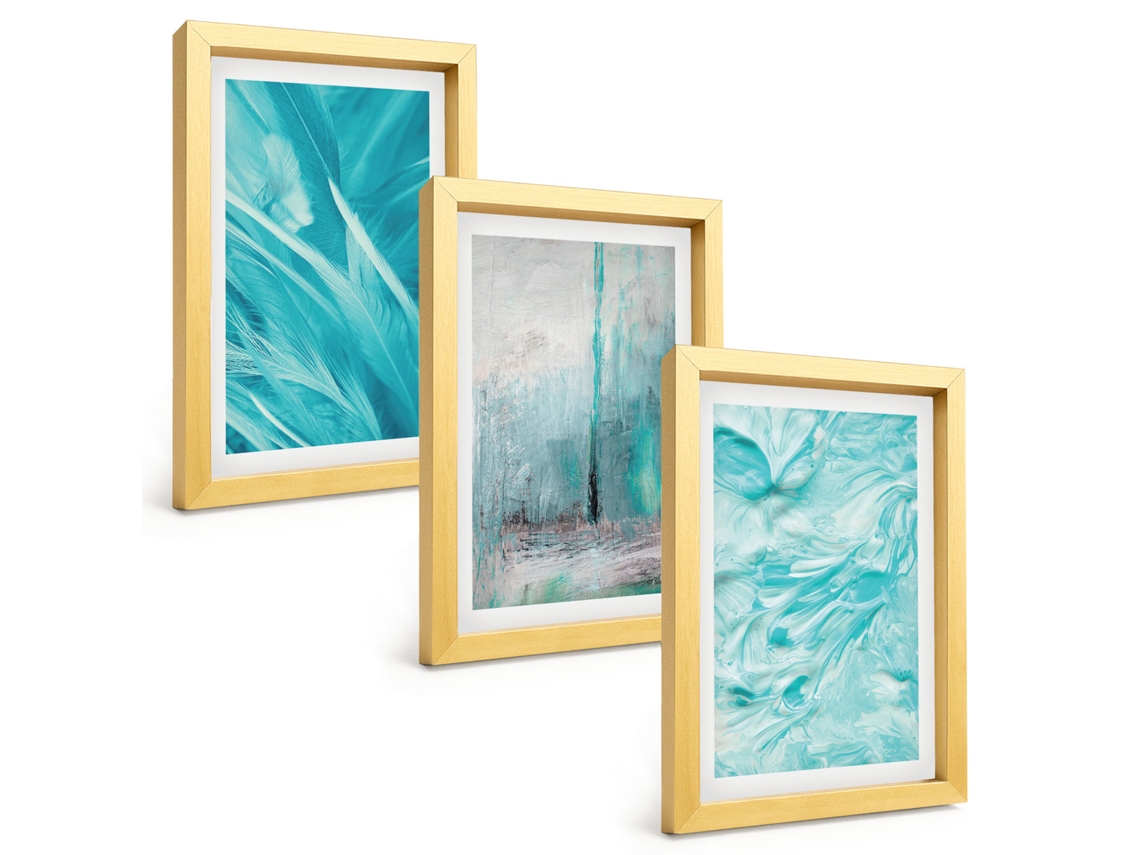 Quadros Decorativos Para Paredetons De Azul, Padrões Abstratos Moldura Dourada Quadros Para O Escritório Espelharte (3 Peças 20x30 Cm)