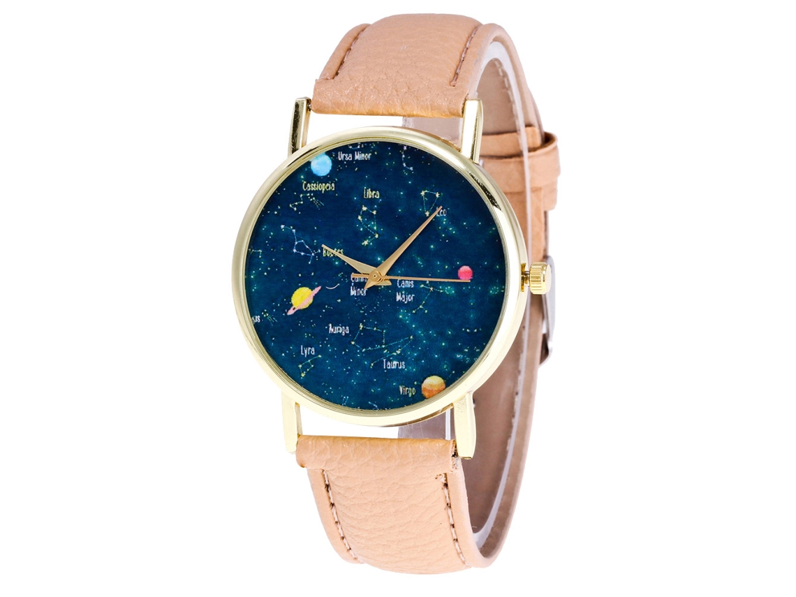 Relógio de Pulso Feminino Casual com Pulseira de Pu Estilo Simples e Dial de Estrelas (creme)
