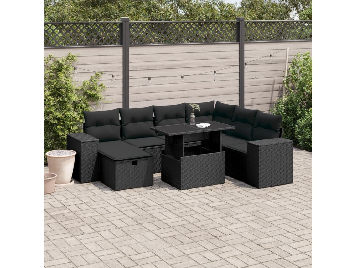 8 Pcs Conjunto Sofás De Jardim Com Almofadões Vime Pe Preto Dkd Home Decor