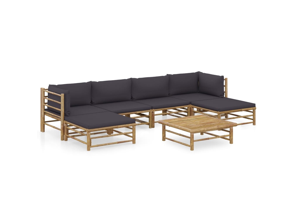 7 unidades Conj. Lounge Jardim Em Bambu C/ Almofadões Cinza Escuro Dkd Home Decor