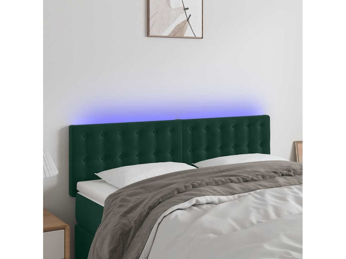 Vidaxl Cabeceira De Cama C/luzes Led Veludo 144x5x78/88cm Verde-escuro