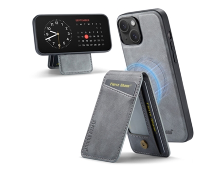 Suporte Casa Para Iphone 14 Plus Fierre Shann Pele Sintética Com Porta-cartões Cinzento