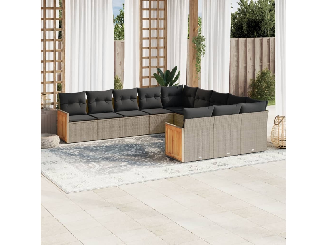Vidaxl 11 Pcs Conjunto Sofás De Jardim C/ Almofadões Vime Pe Cinzento