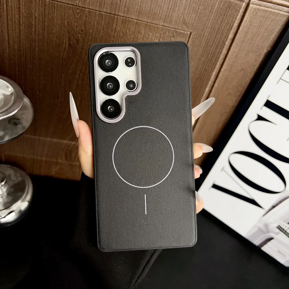 (preto, Galaxy S24) Capa De Couro Magnética Estilo Executivo Com Anel De Metal Para A Lente – Resistente A Quedas