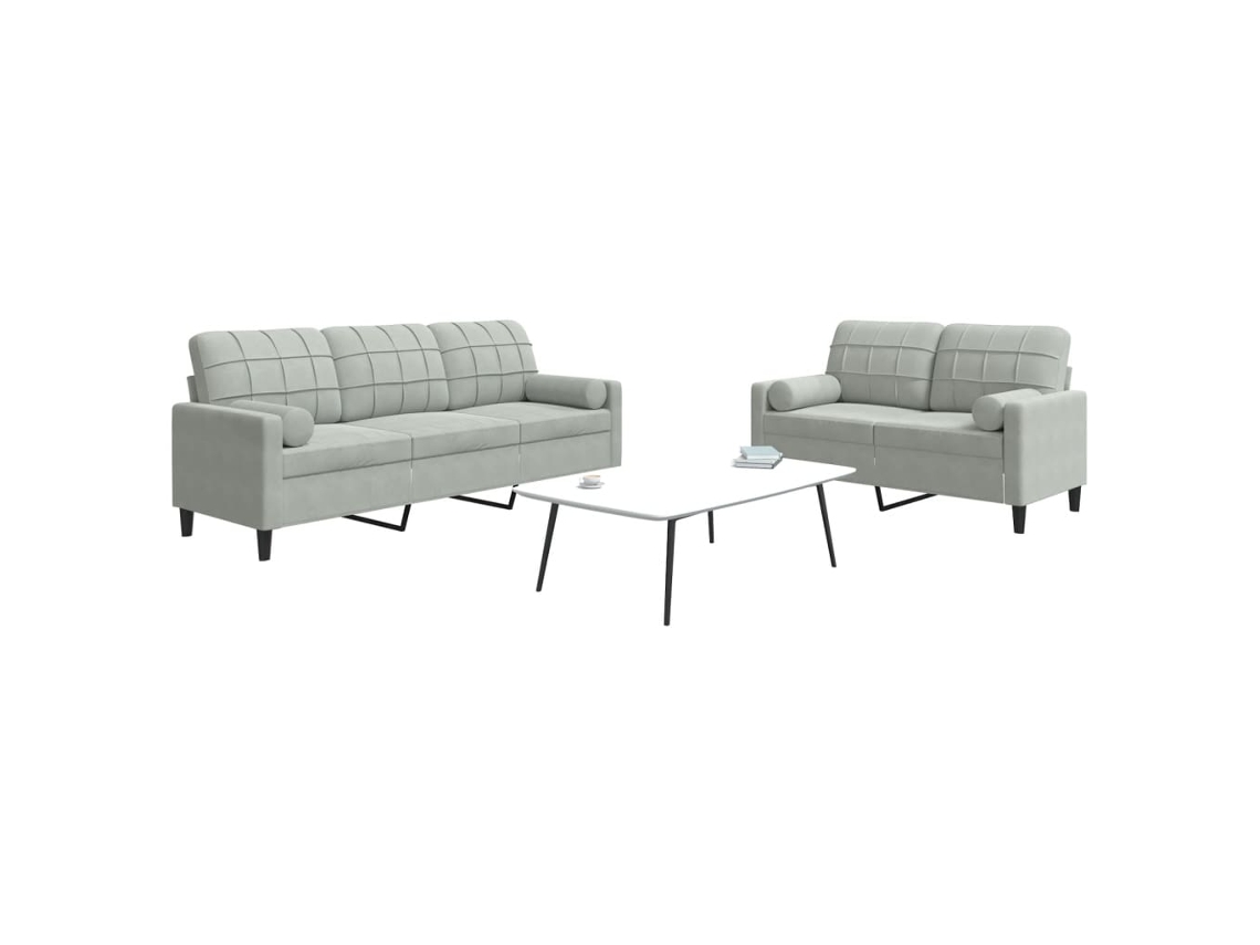 Vidaxl 2 Pcs Conjunto Sofás Com Almofadões E Rolos Veludo Cinza-claro