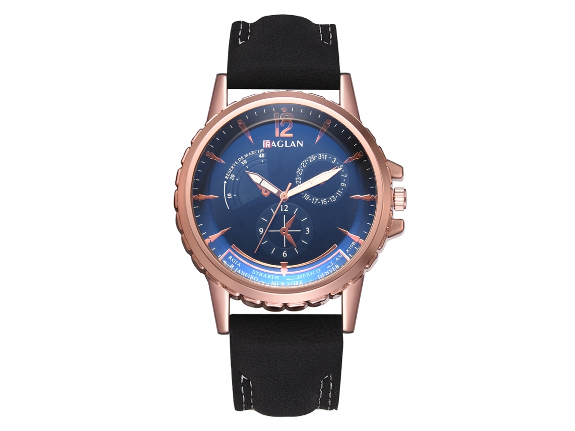 Relógio masculino de quartzo com pulseira de PU, estilo casual e elegante para negócios, preto e azul.
