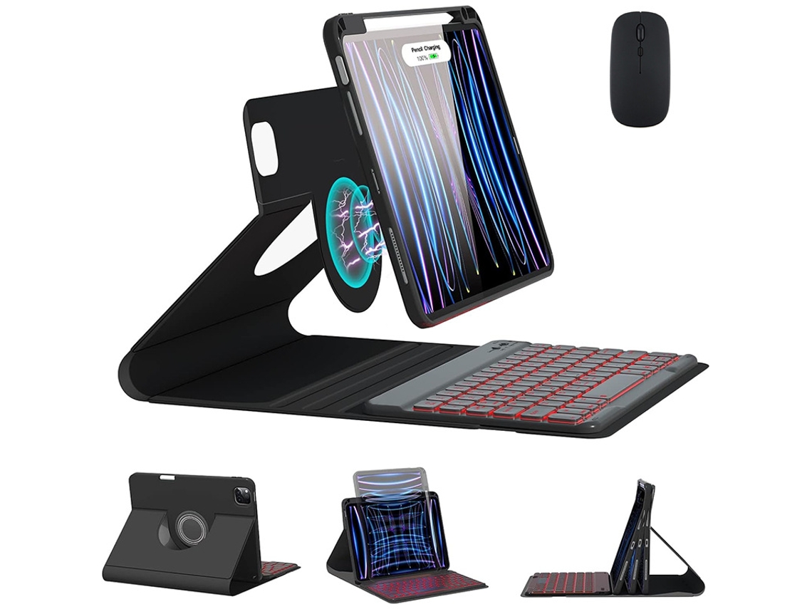 Capa Protetora Magnética Minimalista Preta Teclado Retroiluminado Preto Com Teclas Quadradas Mouse Preto, Para Ipad Air 1/2/pro 9.7 2017/2018 Yunzii