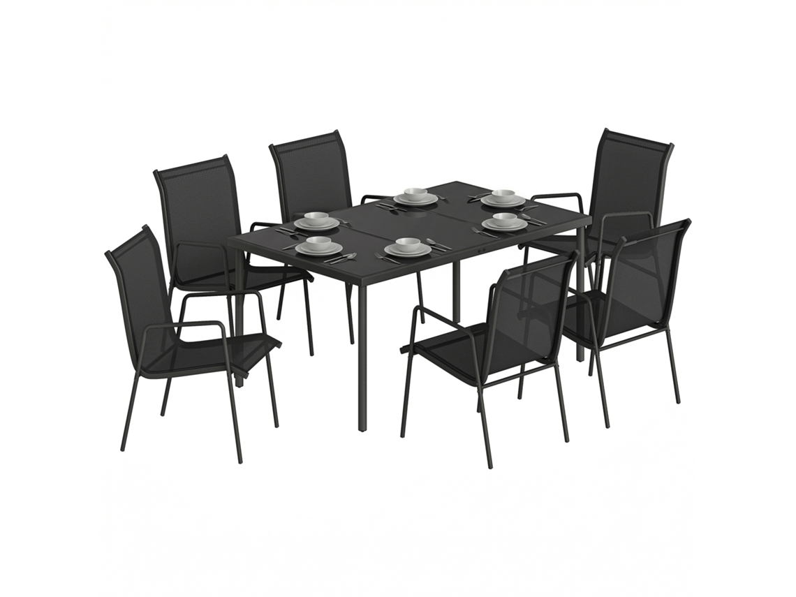 Conjunto de Mesa e Cadeiras de Jardim para 6 Pessoas com Cadeiras Empilháveis em Textilene 70x51x87cm Preto Ge