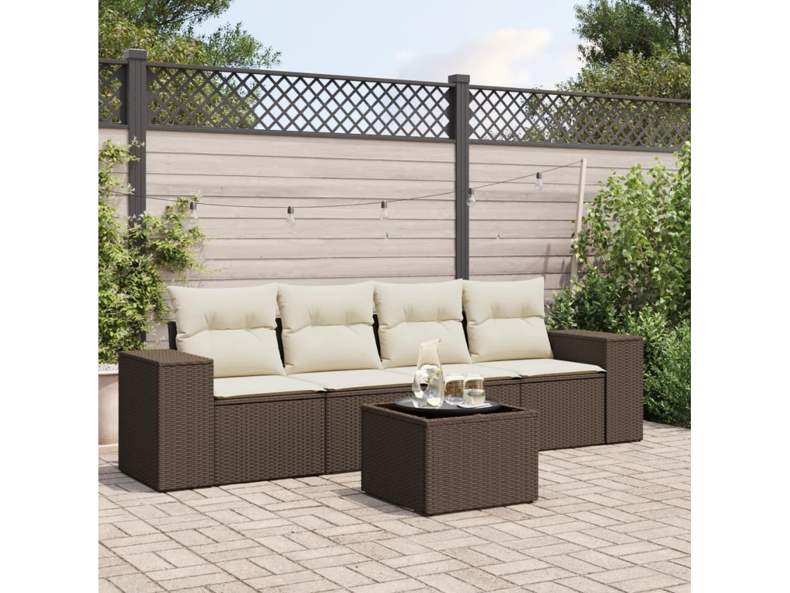 Vidaxl 5 Pcs Conjunto Sofás P/ Jardim C/ Almofadões Vime Pe Castanho