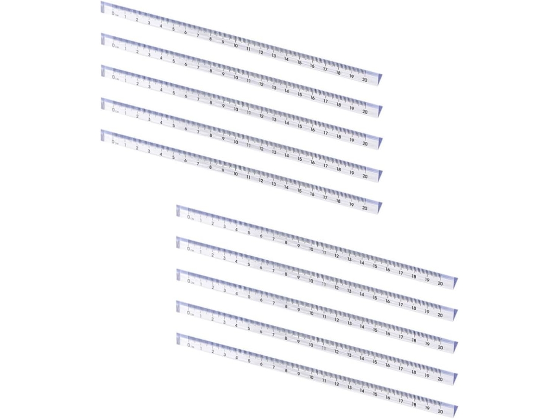 Régua triangular de plástico transparente de 20 cm, resistente e com escala clara para dosagem de medicamentos em escolas.