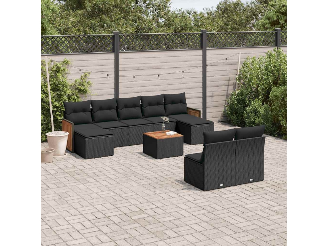Vidaxl 10 Pcs Conjunto Sofás De Jardim C/ Almofadões Vime Pe Preto