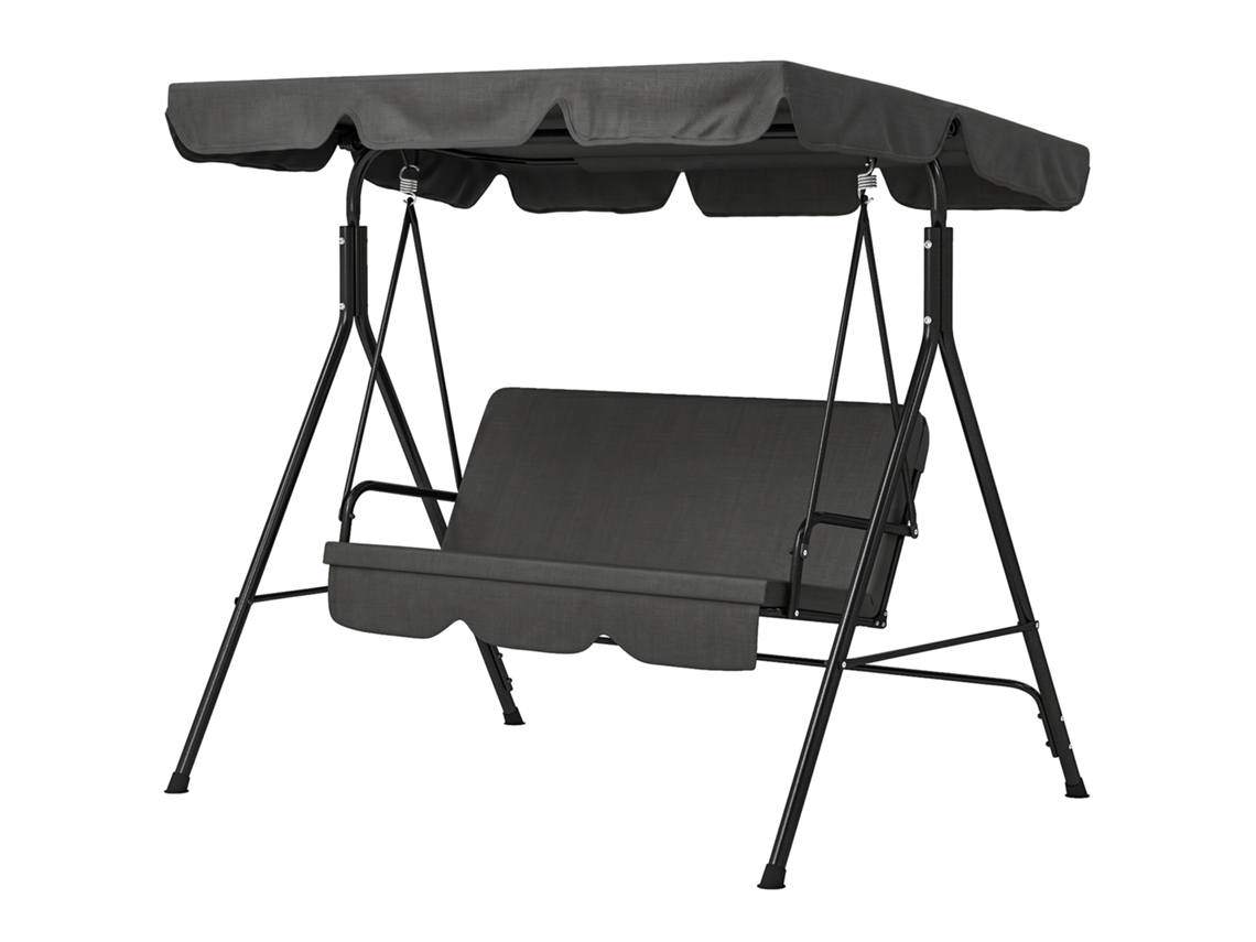 Baloiço De Jardim De 3 Lugares Com Almofada Toldo Ajustável E Estrutura De Aço Para Balcão Terraço 172x110x153 Cm Preto